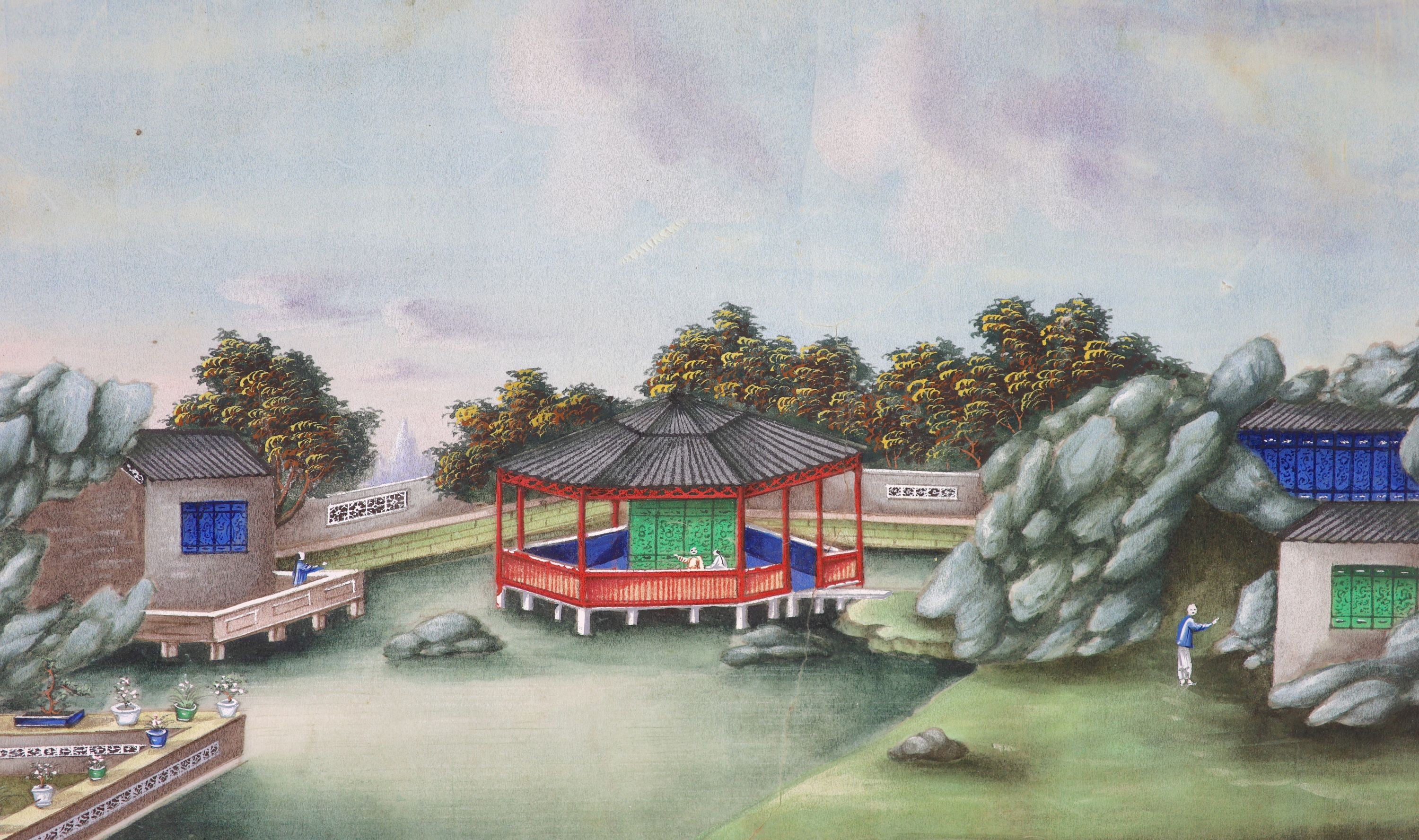 A Chinese pith painting of a figures in a pavilion garden, by Ting Hua, c.1850, Total size 24 x 36 cm